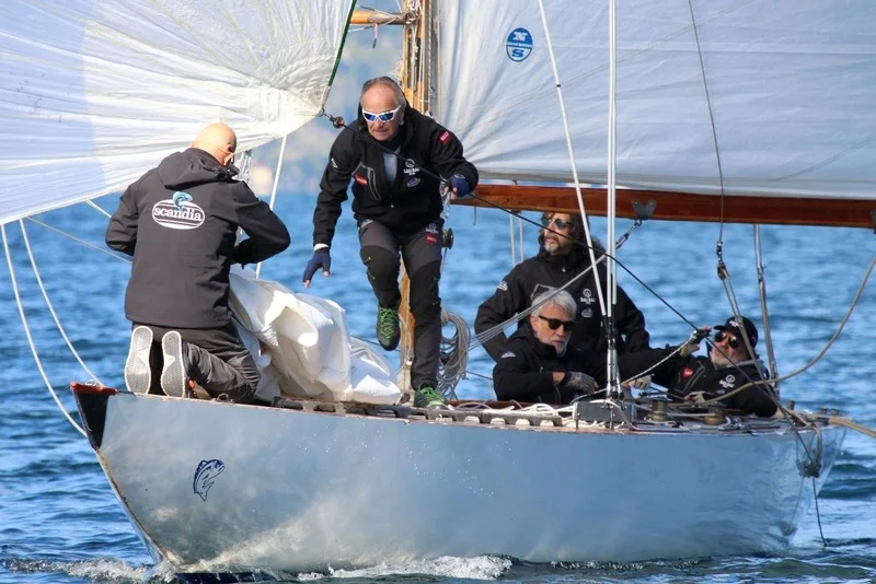Equipaggio di una barca d'epoca a bordo: un uomo salta sul ponte mentre altri sono seduti, spinnaker bianco sullo sfondo, logo Scandia sulla felpa.