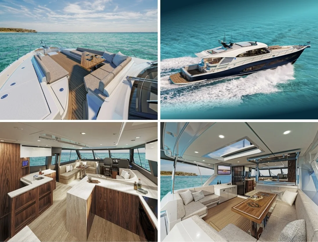 Collage di quattro foto: prendisole di prua con divanetti, yacht in navigazione con scafo blu, salone interno con cucina e dinette in legno.
