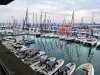 Marina con numerosi motoscafi, catamarani e alberi delle vele all'ormeggio