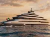 Rendering di un grande superyacht bianco a più ponti in navigazione al tramonto, con bandiera italiana a poppa e costa sullo sfondo