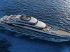 Rendering dall'alto di un superyacht grigio argento in navigazione su mare blu, con piscina e helipad a prua e un'altra piscina a poppa