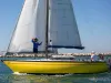 Imbarcazione a vela gialla in regata con equipaggio e vele spiegate davanti a un molo