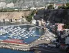 Porto con numerose imbarcazioni ormeggiate vicino a case sul litorale e una scogliera