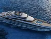Rendering dall'alto di un superyacht grigio argento in navigazione su mare blu, con piscina e helipad a prua e un'altra piscina a poppa