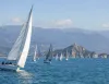 Vele e imbarcazioni da regata in acqua con l'Isola Palmaria e la costa sullo sfondo.