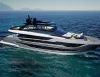 Yacht da 30 metri dal profilo moderno con pilothouse rialzata in navigazione su mare calmo