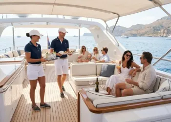 Due membri dell'equipaggio in polo blu e pantaloncini bianchi servono drink e stuzzichini a ospiti rilassati sul ponte di uno yacht