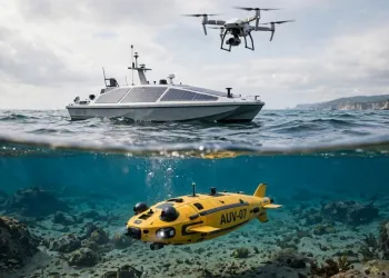 Drone aereo sorvola un'imbarcazione senza equipaggio in mare, mentre sott'acqua un veicolo subacqueo giallo naviga sul fondale roccioso.