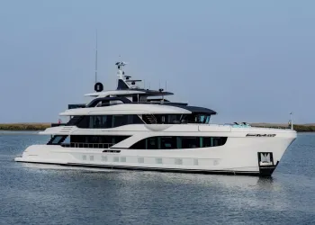 Superyacht bianco su più ponti in navigazione su acqua calma, con costa bassa sullo sfondo e cielo sereno