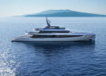 Profilo laterale di uno yacht moderno da 53 metri in navigazione vicino a una costa montuosa