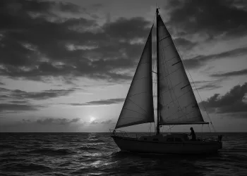 Barca a vela in silhouette sul mare al tramonto, vele spiegate e una persona a bordo.