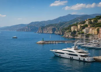 Yacht di lusso ormeggiati in un porto turistico costiero con borgo e scogliere sullo sfondo