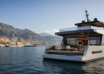 Poppa di uno yacht moderno con ampie vetrate e ponte aperto sullo sfondo del porto di Monaco