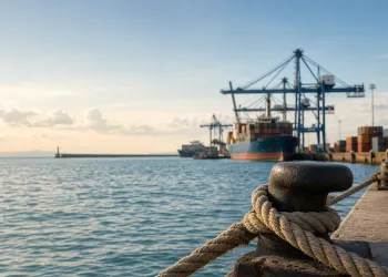 Bitta e ormeggio con nave portacontainer e gru in un porto commerciale