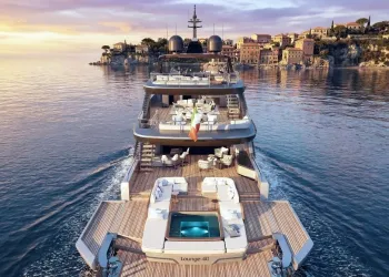 Rendering di uno yacht visto da poppa con piattaforma in teak, vasca idromassaggio e ponti superiori, in navigazione davanti a una costa al tramonto