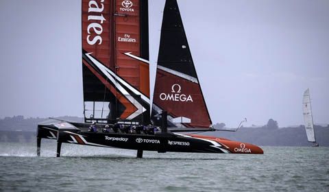 Emirates Team New Zealand launch their race boat for the 35th America’s Cup
